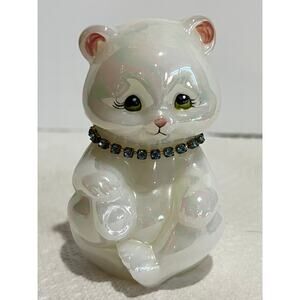 Fenton Opalescent Bear Birthstone Necklace March Blue, Signed